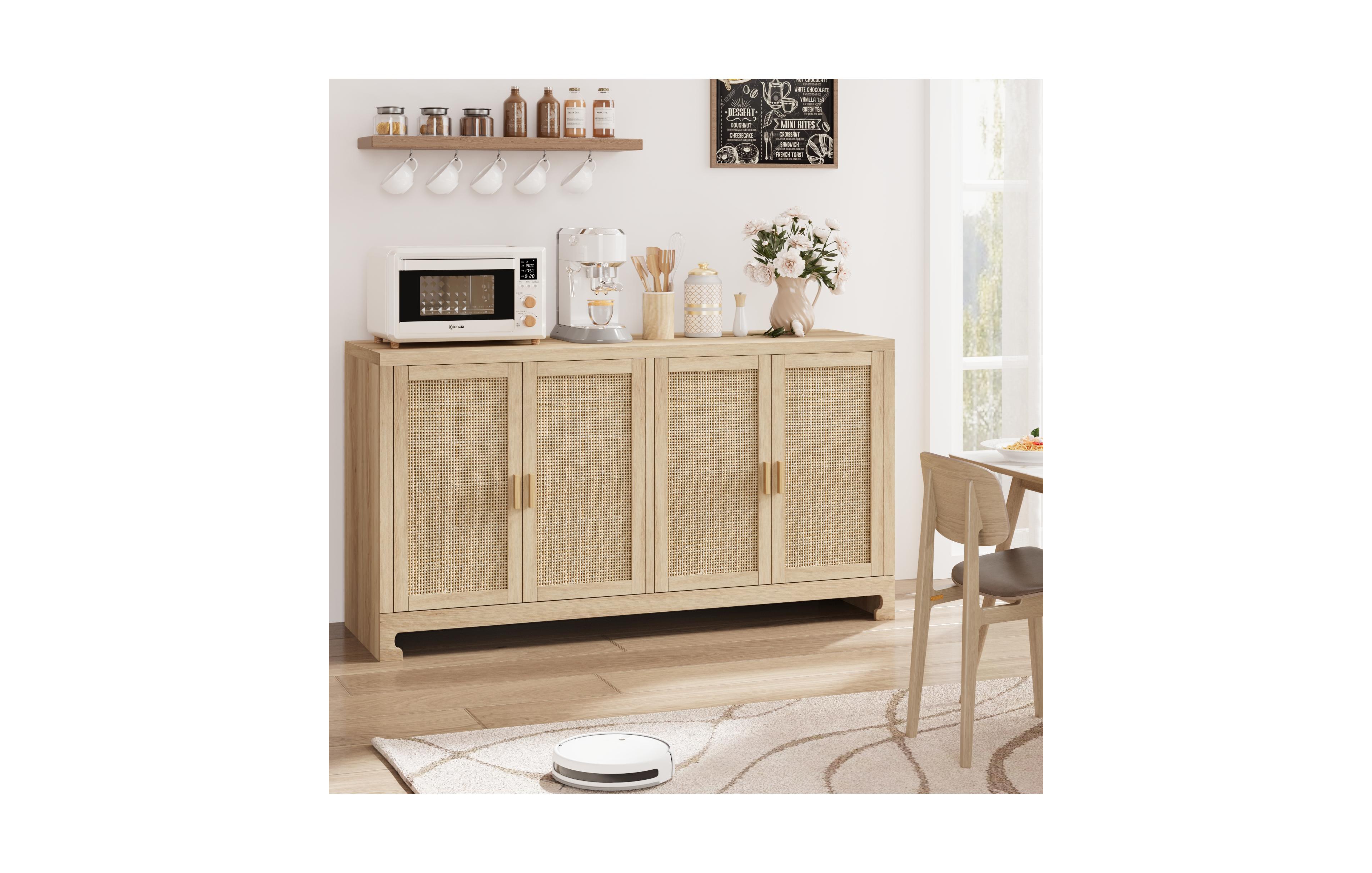 homfan Modern 4-Door Rattan Sideboard, Wooden Accent Buffet Cabinet with Ample Storage for Entryway, Living Room and Dining Room