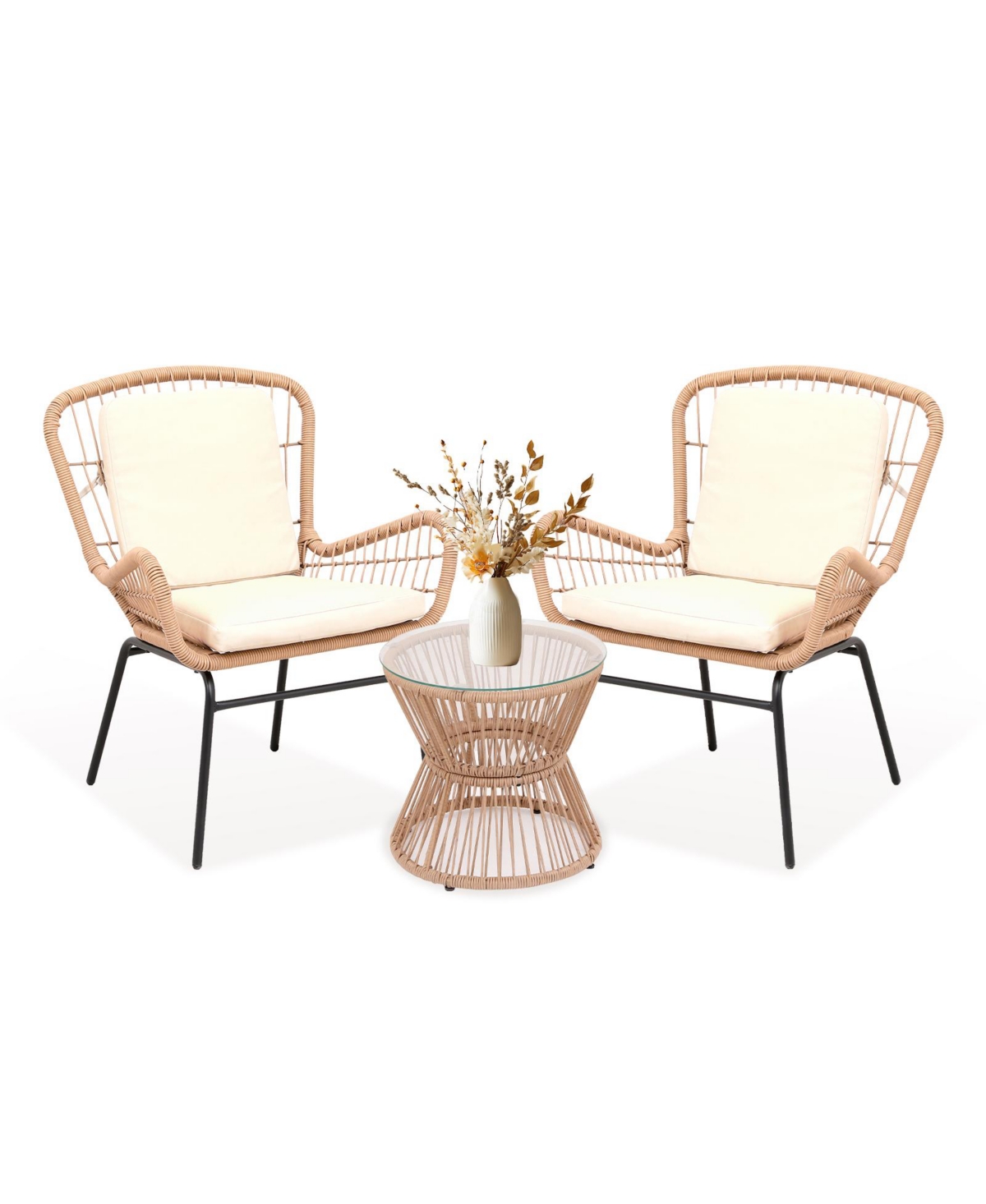 gaomon 3 Piece Outdoor Rattan Patio Bistro Set with Glass Top Table and 2 Chairs, All Weather Patio Furniture for Backyard, Poolside, Porch, Balcony