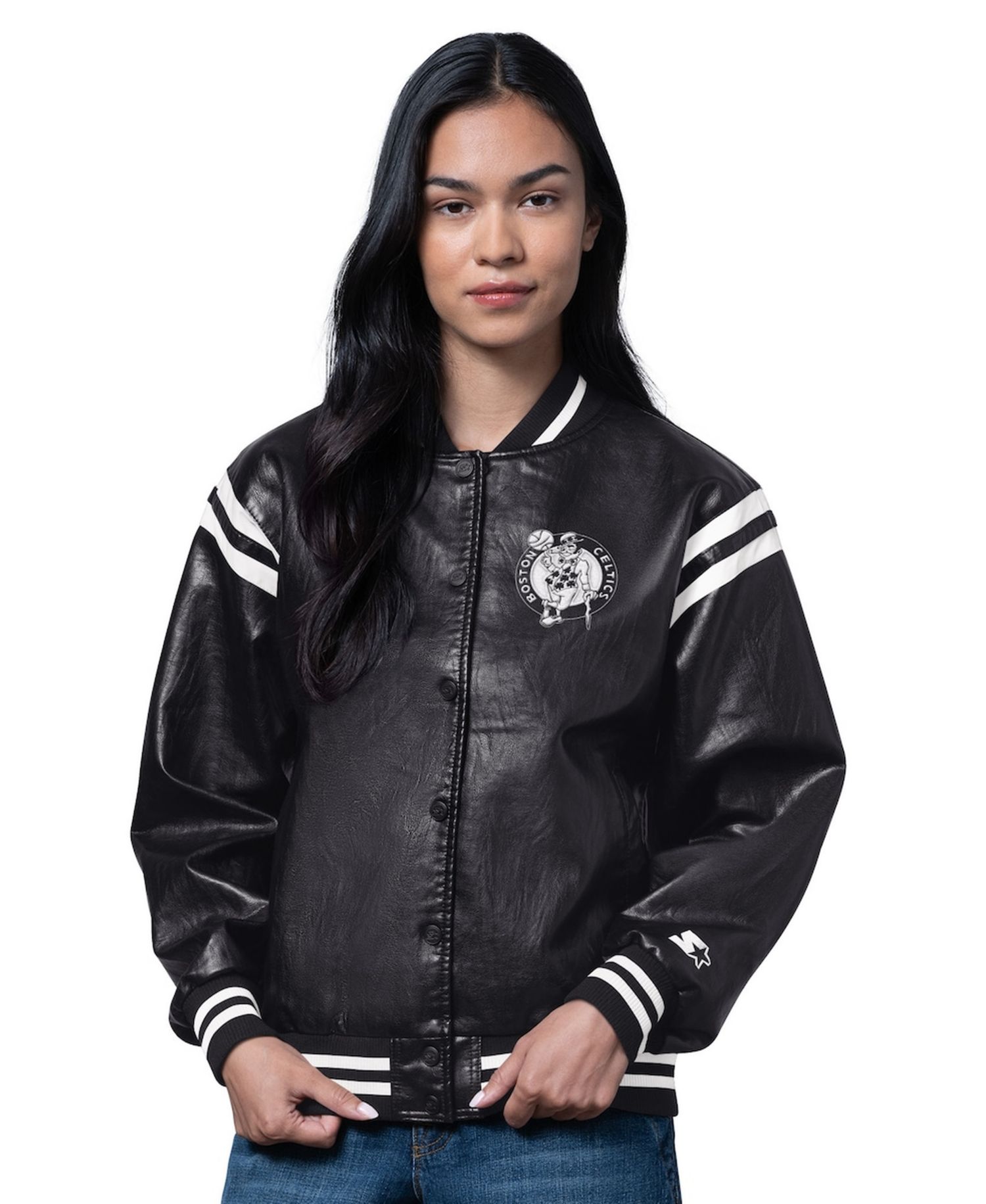 Women's Black Boston Celtics High Heat Leather Varsity Full-Snap Jacket