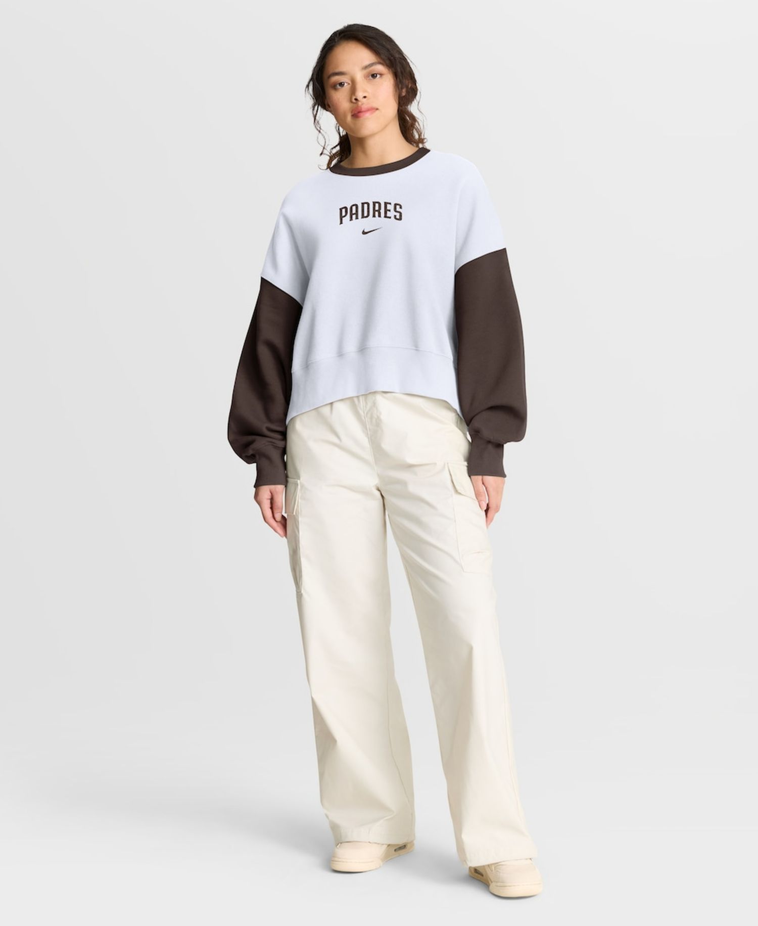 Women's White/Brown San Diego Padres Oversized High Hip Fleece Sweatshirt