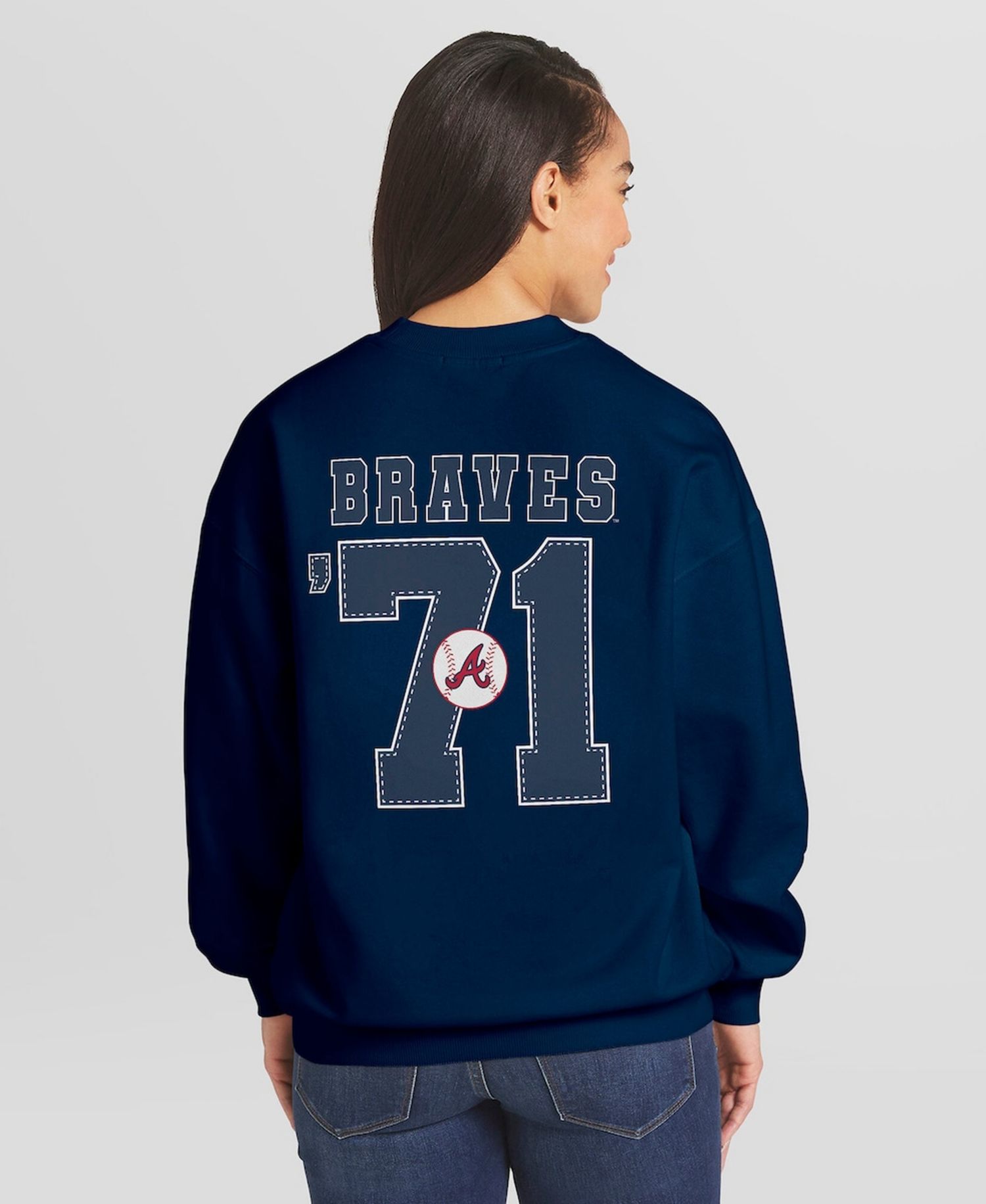 Women's Navy Atlanta Braves Heavyweight Crew Neck Sweatshirt