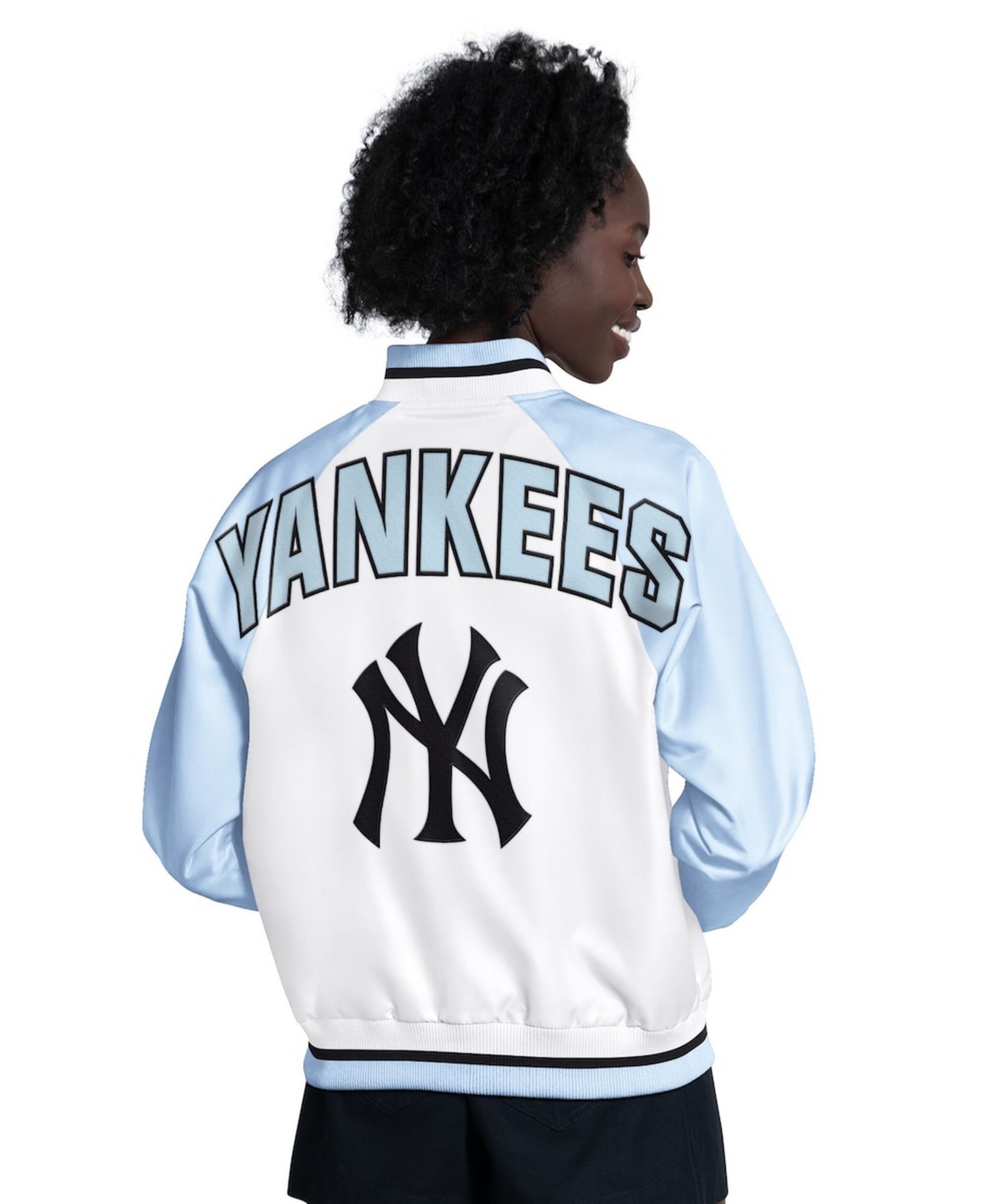 Women's Light Blue/White New York Yankees Blitz Varsity Raglan Full-Snap Satin Jacket