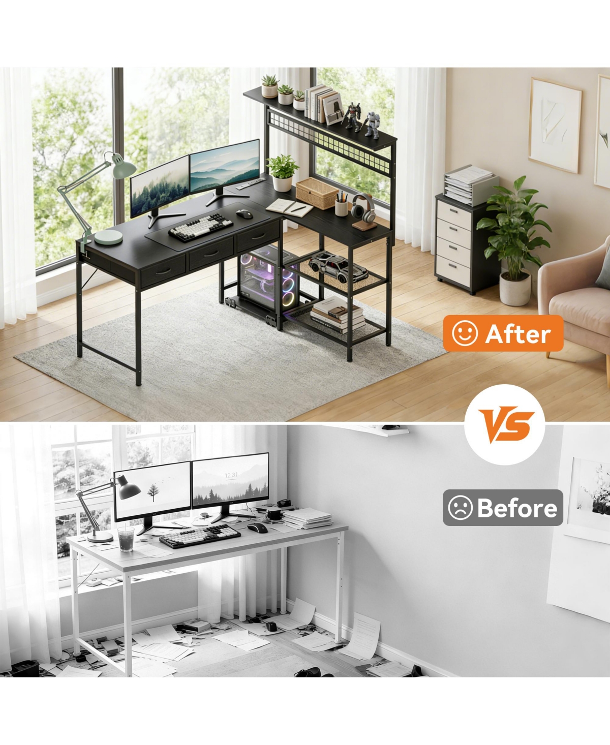 gaomon 50.4" L Shaped Computer Desk with Power Outlets and Led Lights, Reversible Home Office 3-Tier Storage Shelves Drawer