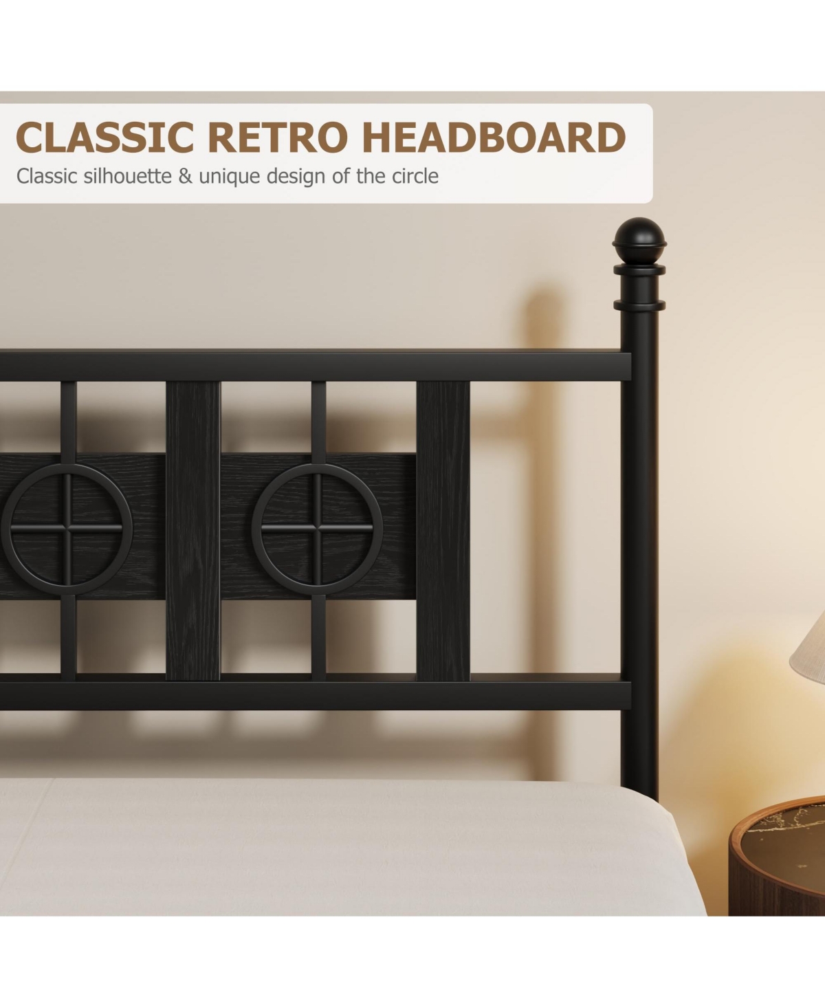 homfan Durable Metal Platform Bed Frame with Retro Circular Design, Headboard and Footboard Included, Underbed Storage Space