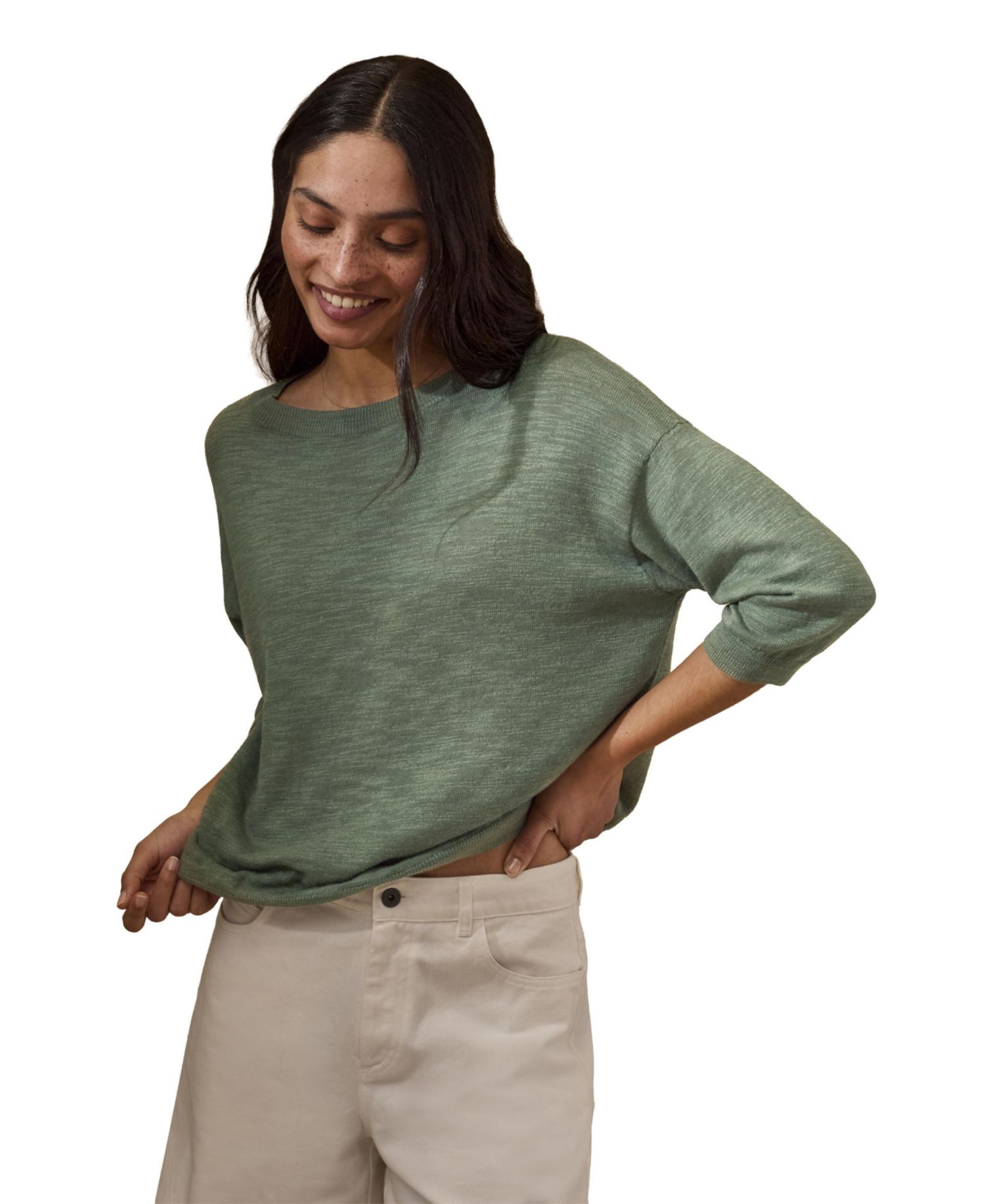 Women's 3/4 Sleeve Linen Blend Crew Neck Top