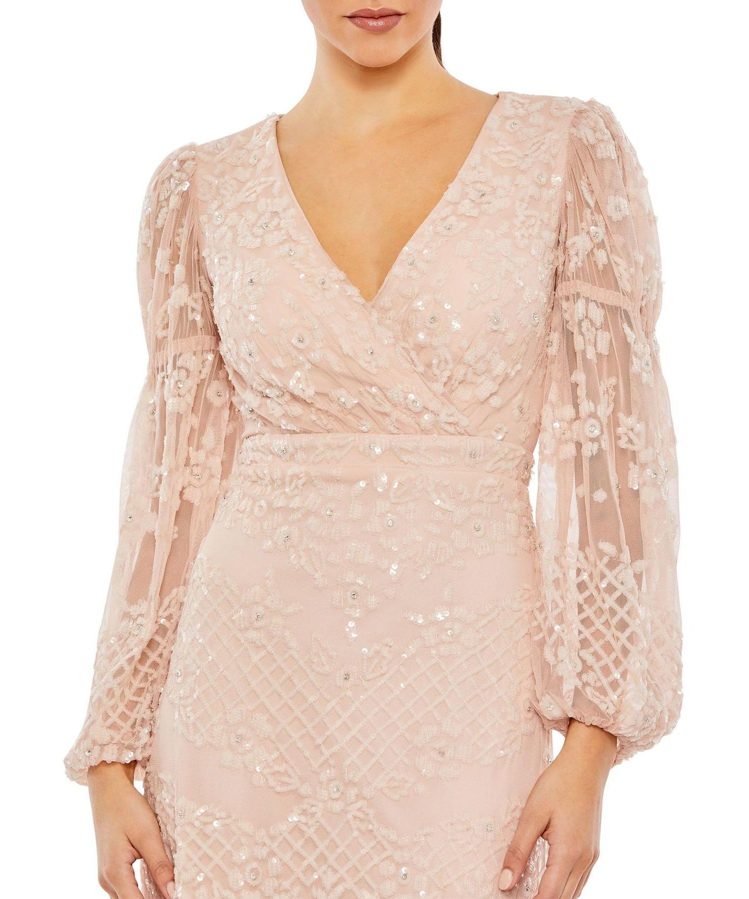 Women's Sequined Tiered Wrap Over Puff Sleeve Gown