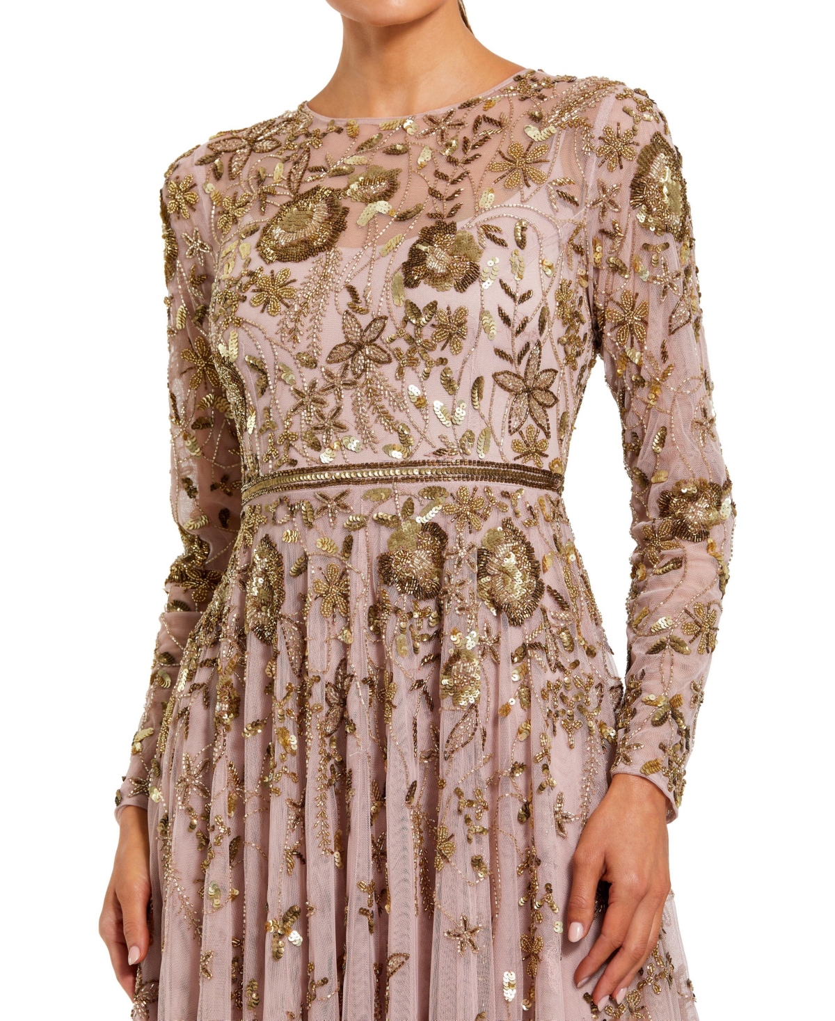 Mac Duggal Women's Long Sleeve Mesh Floral Embellished Gown