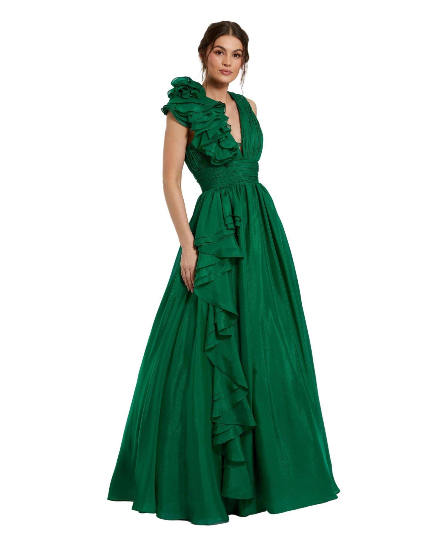 Petite Ruffle Shoulder V-Neck A-Line Evening Gown