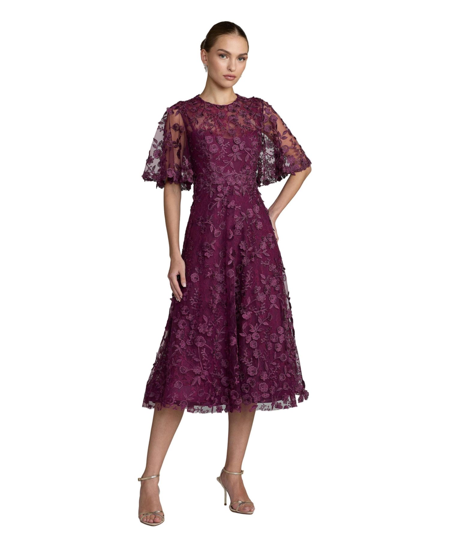 Petite Flutter Sleeve Embroidered Midi Dress
