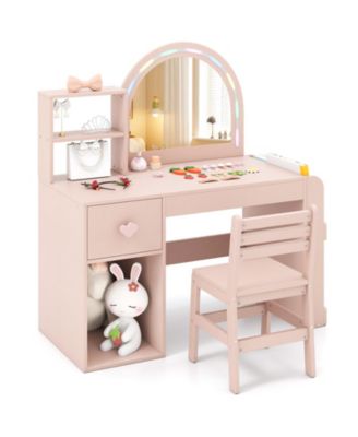Kids Vanity Desk with Lights Open Bookshelf Storage Drawer Compartment and Shelves