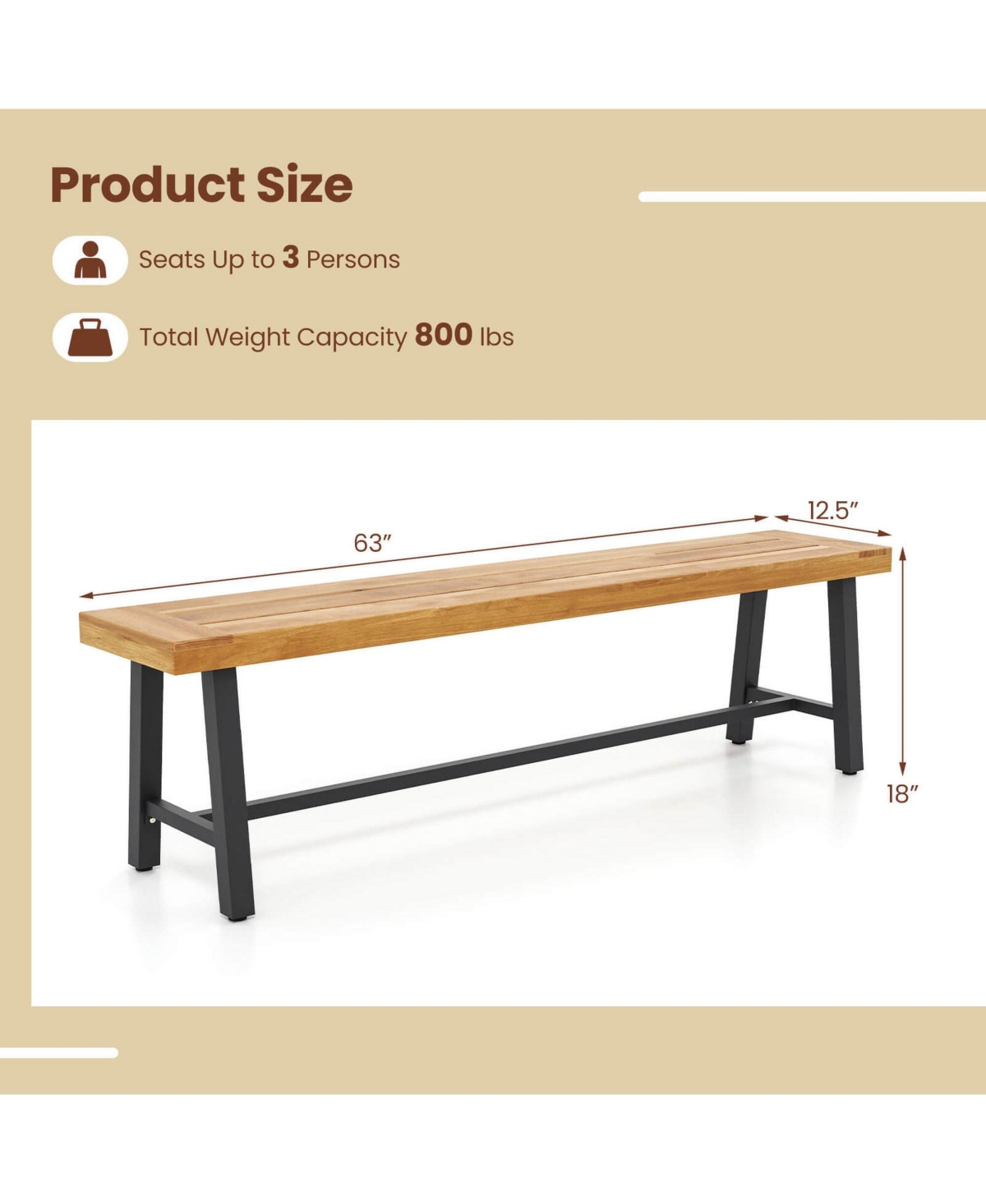Costway 63" Long Outdoor Acacia Wood Bench Seats up to 3 Persons for Garden Porch