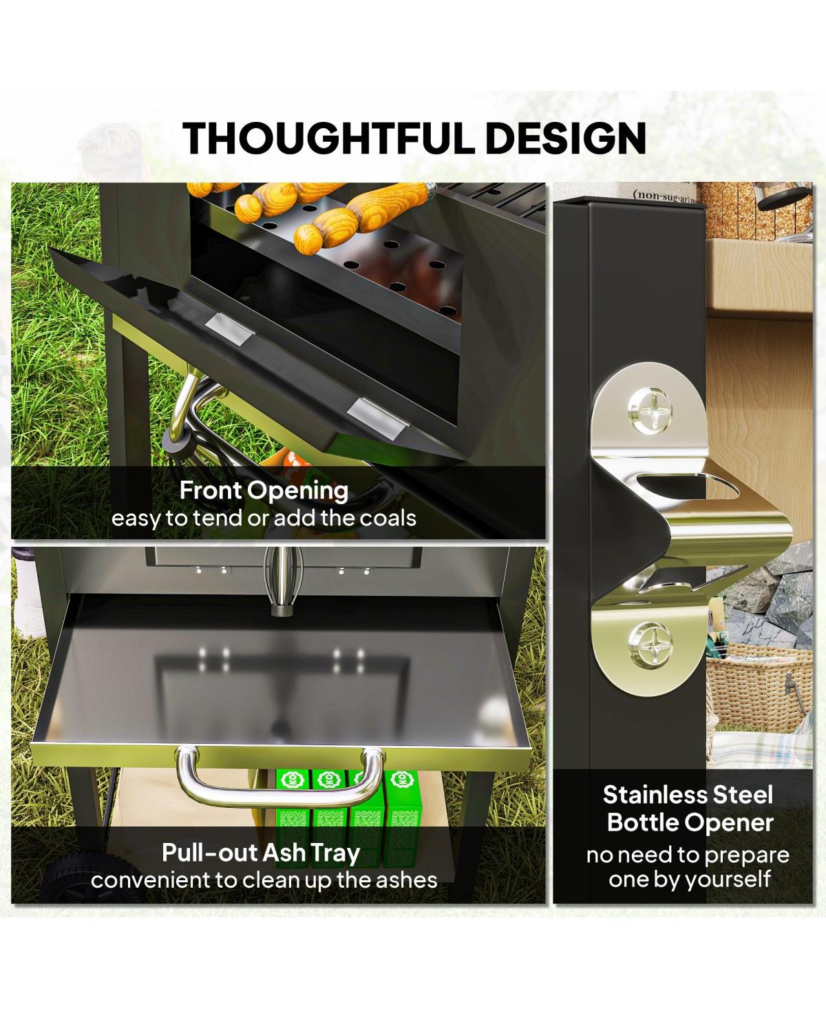 Asagikoiai Large Charcoal Bbq Grill with Thermometer, Wheels and Side Shelves