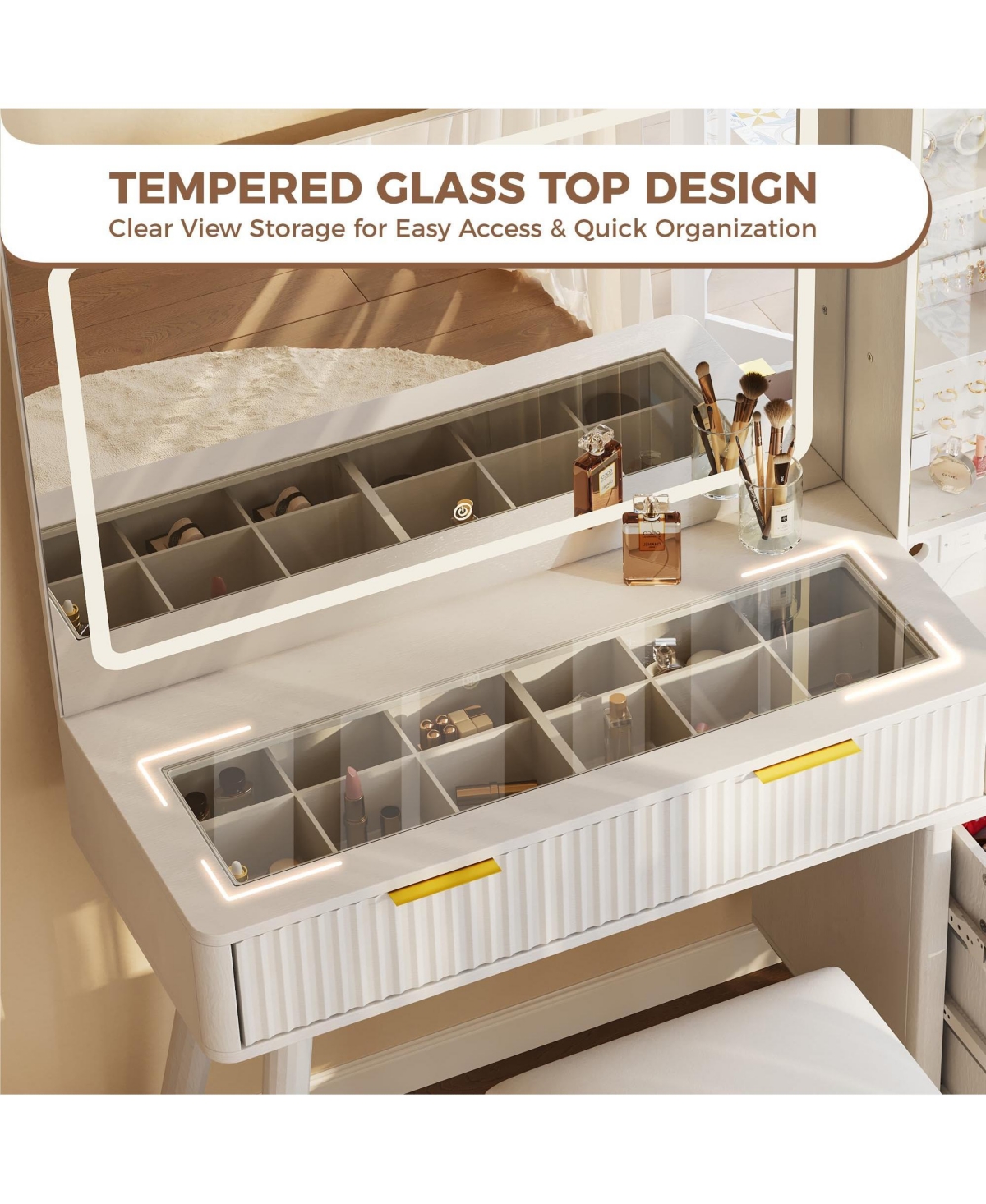 gaomon Vanity Desk with Lighted Mirror, Makeup Charging Station, Glass Top Dressing Table Cushioned Storage Stool for Bedroom