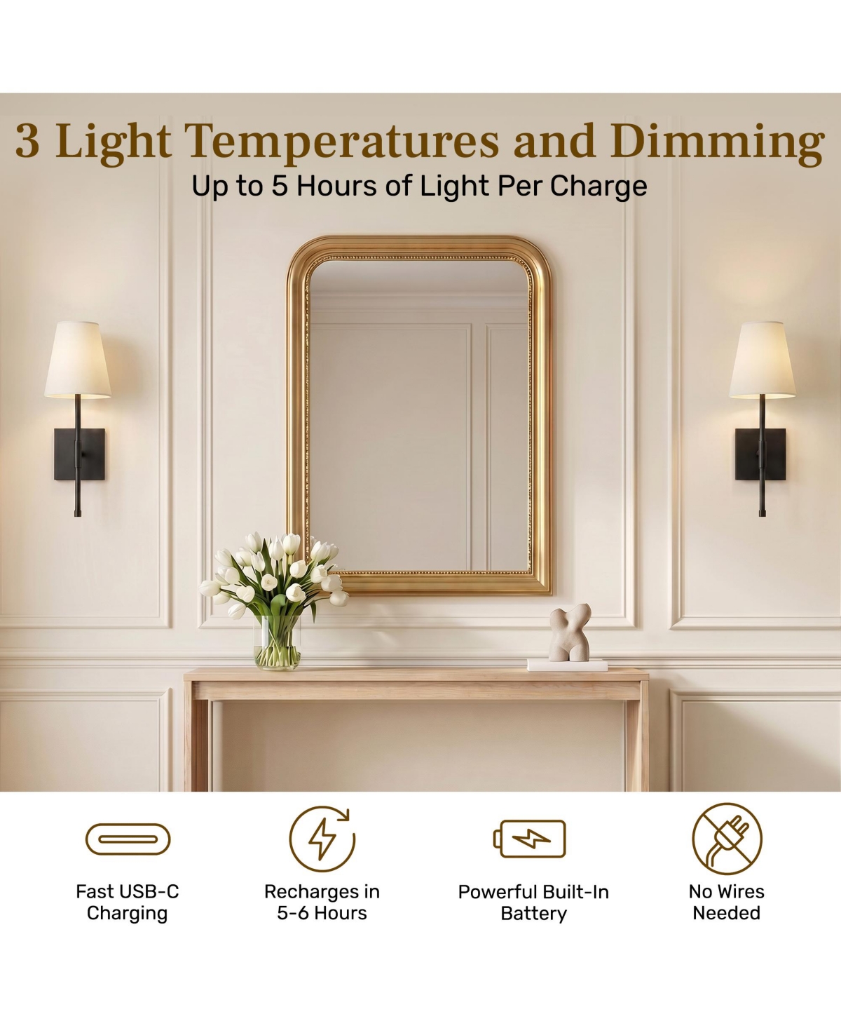 Bell + Howell Set of 2 Fabric Smooth Shade Dimmable Led Rechargeable Cordless Touch Control Lights Wall Sconces