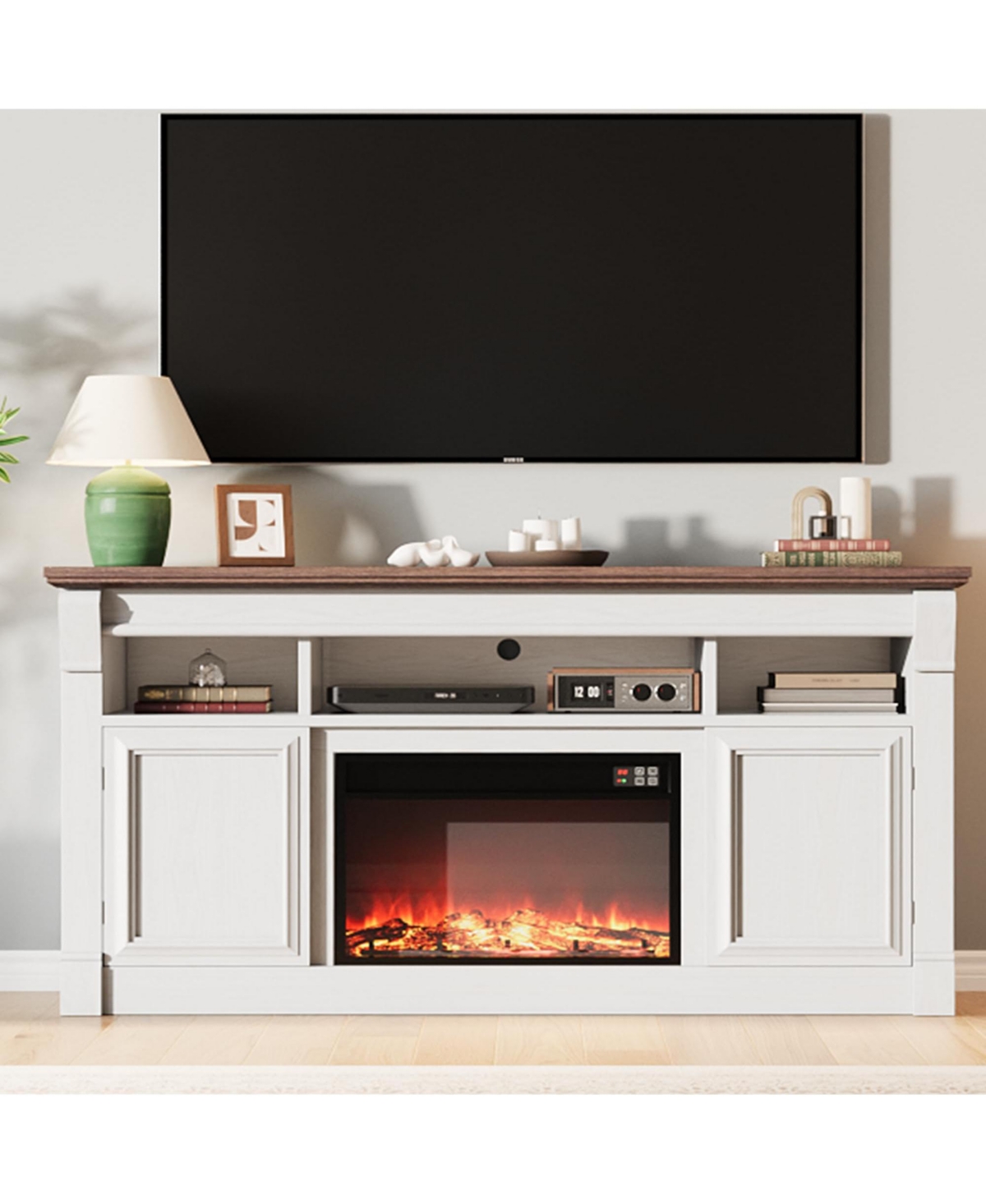 homfan 58" Farmhouse Fireplace Tv Stand, Entertainment Center with Open Storage Cabinets for TVs Up to 75", Media Console for Living Room