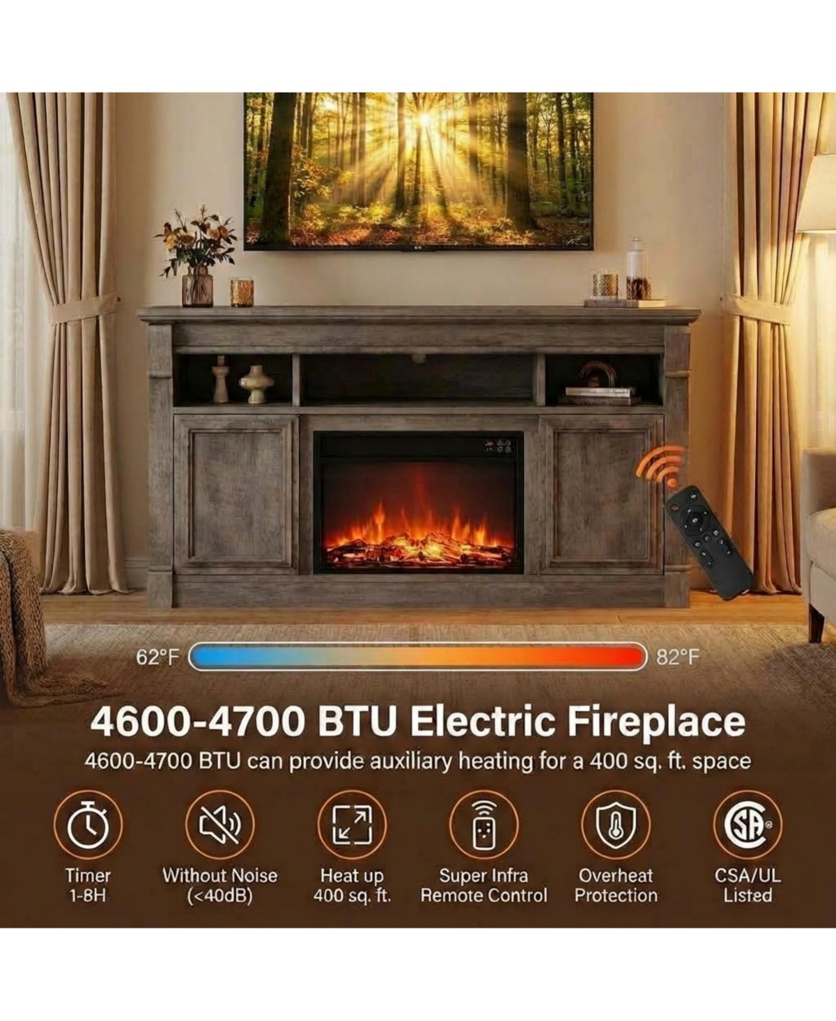 homfan 58" Fireplace Tv Stand for TVs Up to 65, Modern Farmhouse Entertainment Center with 30'' Electric Fireplace, Remote Control Realistic 3D Flame