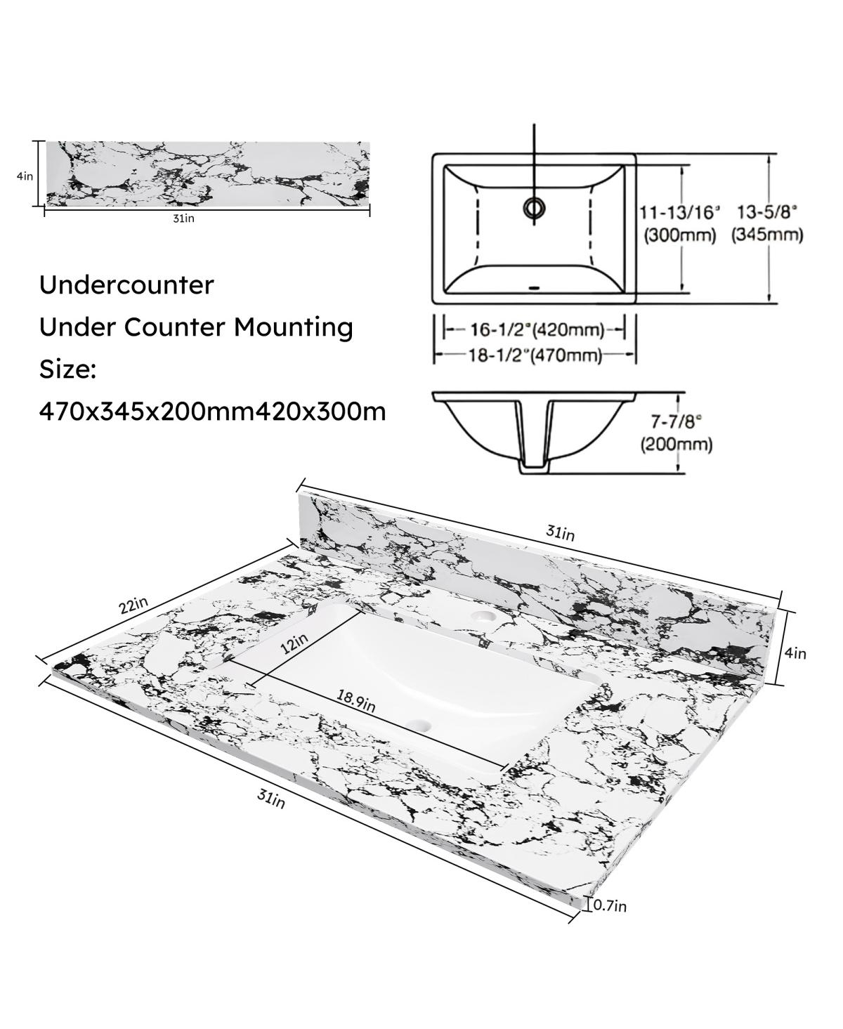 Sillysis 31/37/43 Inch Sintered Stone Bathroom Vanity Top with Ceramic Undermount Sink, Backsplash, Overflow, Stain Resistant Surface