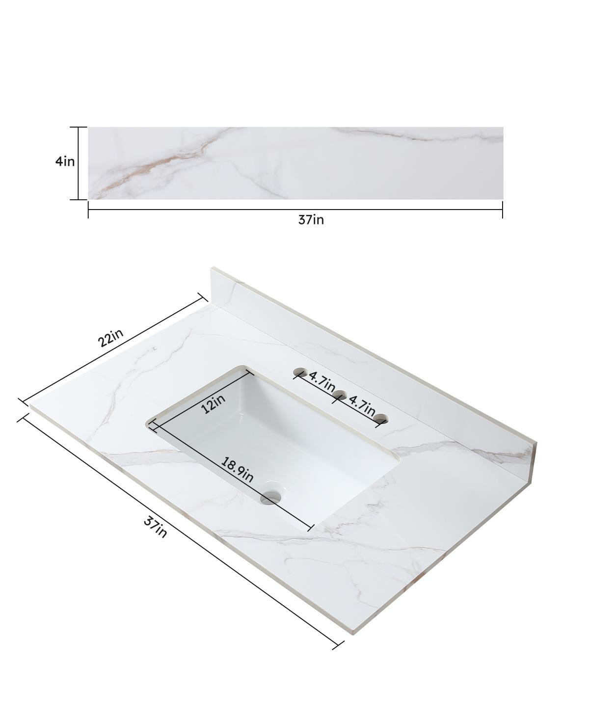 Sillysis 31/37/43 Inch Sintered Stone Vanity Top with Ceramic Rectangular Sink, 4 Inch Backsplash, 3 Faucet Holes