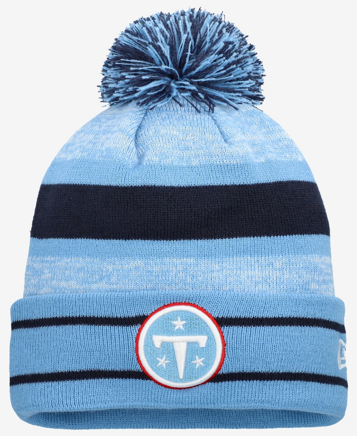 New Era Men's Light Blue Tennessee Titans Primary Logo Cuffed with Pom Knit Hat