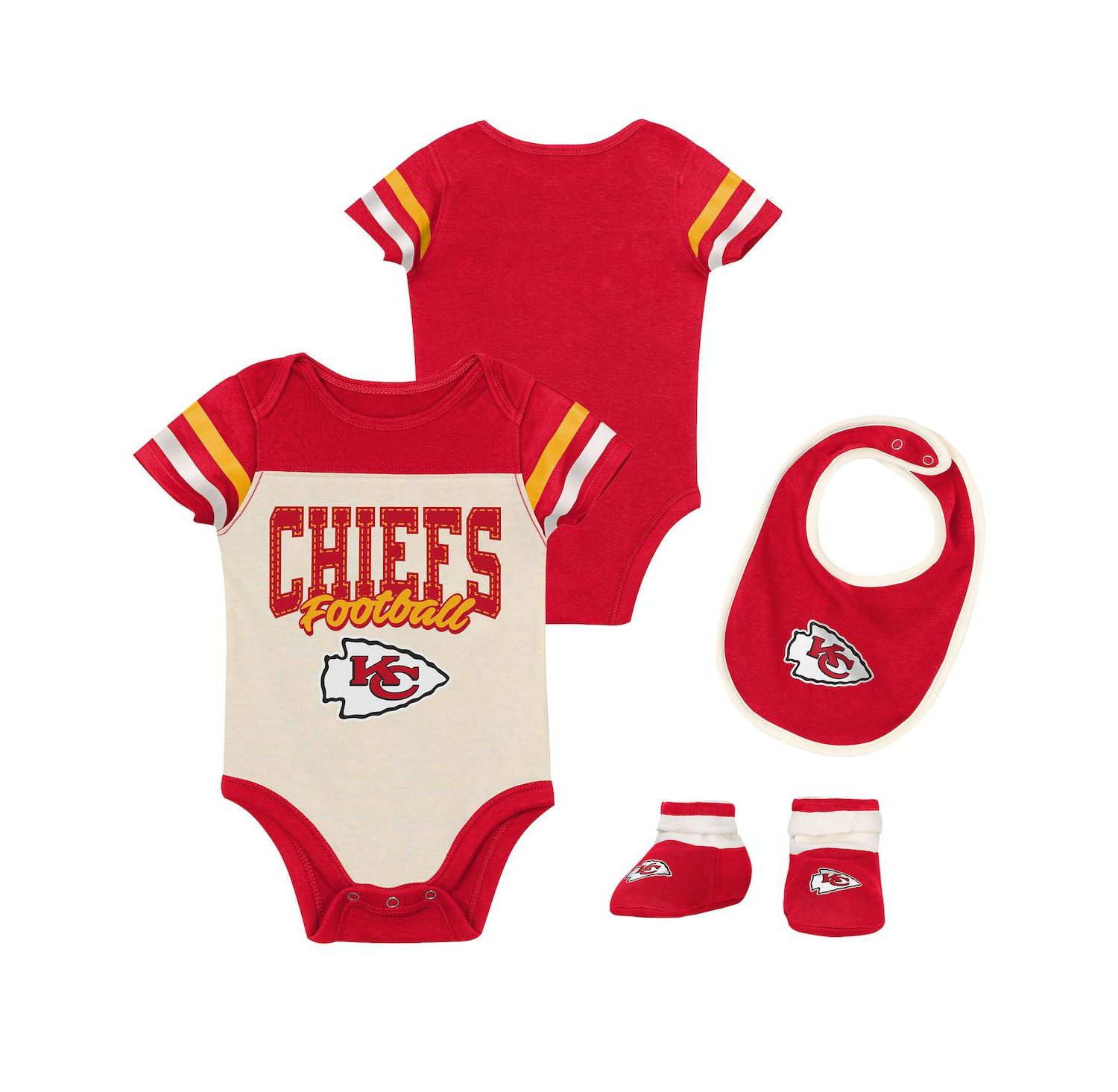 Boys and Girls 3 Piece Kansas City Chiefs Up One Bodysuit and Bib Booties Set