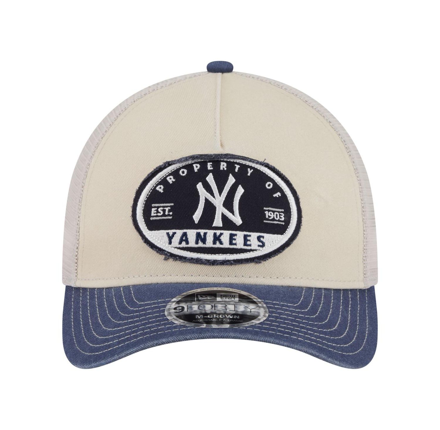 Men's Light Beige/Navy New York Yankees Frayed M-Crown A-Frame 9FORTY Trucker Adjustable Hat