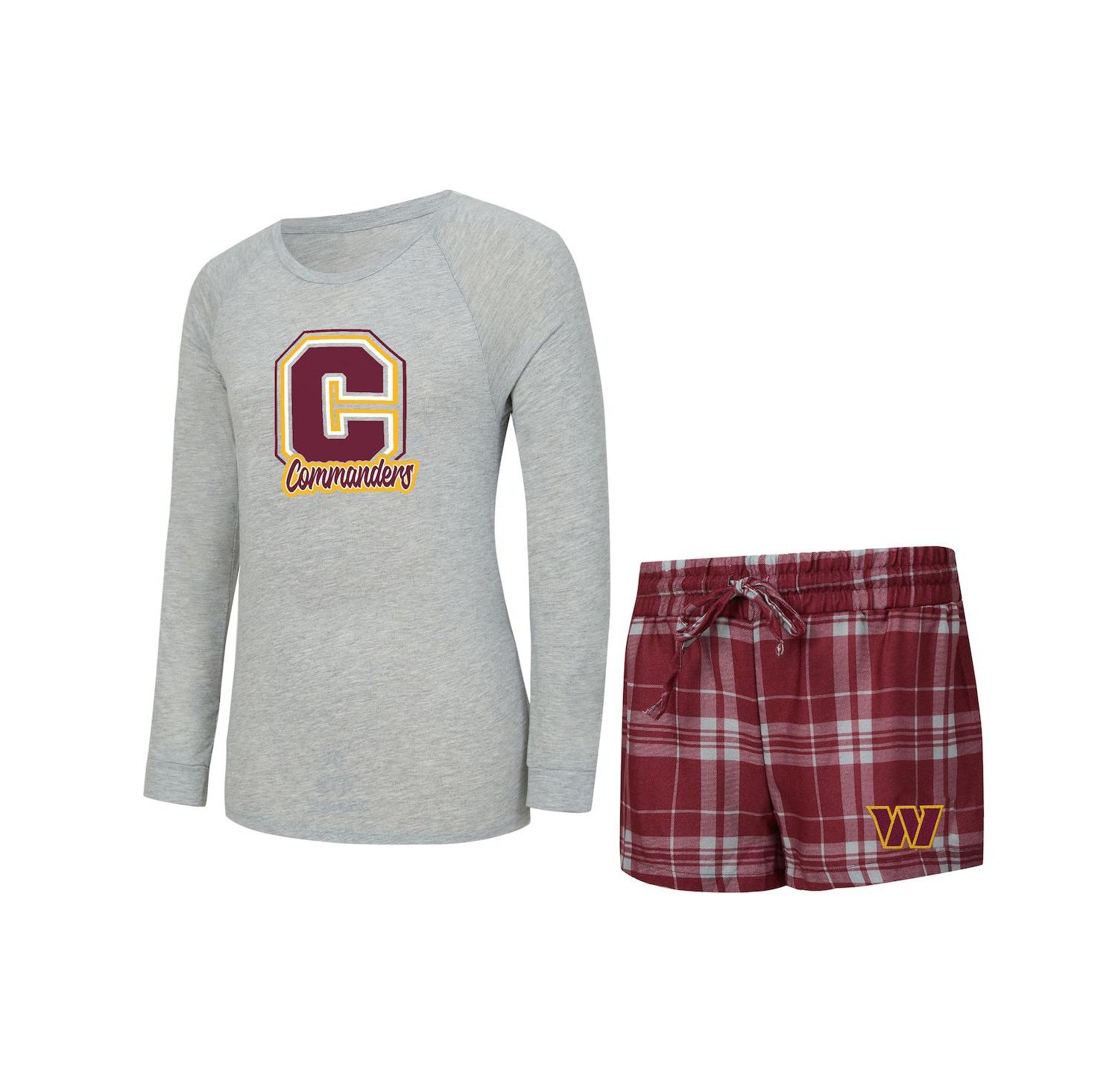 Women's Heather Gray/Burgundy Washington Commanders Regulate Plaid Long-Sleeve T-Shirt and Shorts Sleep Set