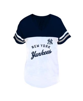 Women's White/Navy New York Yankees Plus Size Two-Stripe V-Neck T-Shirt
