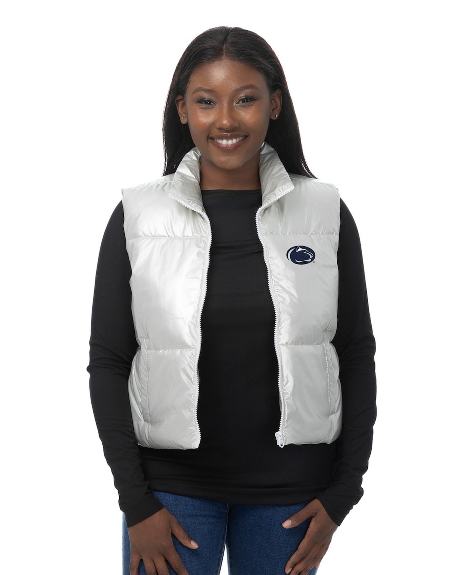 Women's Silver Penn State Nittany Lions Metallic Cropped Full-Zip Sleeveless Puffer Vest