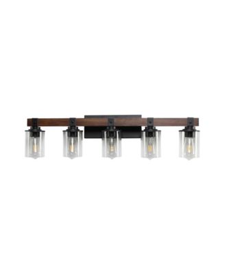 35 Inch Rustic 5 Light Vanity Light Industrial Bathroom Wall Sconce with Glass Shades Wood Accent Modern Farmhouse Lighting Fixture No Bulbs