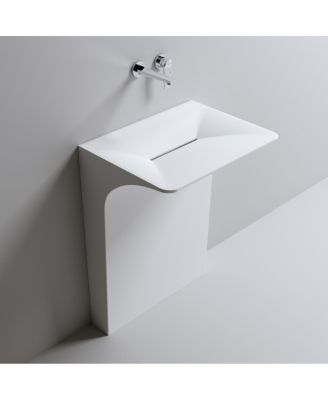 Solid Surface Pedestal Sink, Seamless Modern Freestanding Wall-Mount Basin with Sloped Linear Drain, 23x18x33 Inch for Small Bathroom