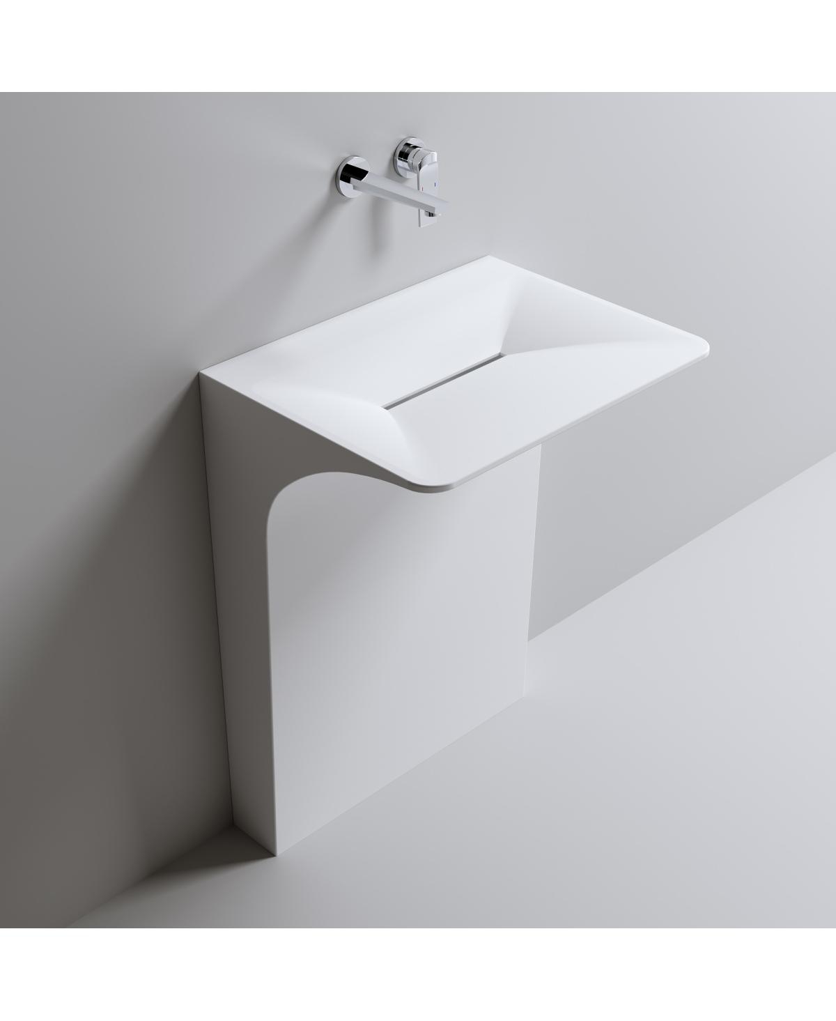 Sillysis Solid Surface Pedestal Sink, Seamless Modern Freestanding Wall-Mount Basin with Sloped Linear Drain, 23x18x33 Inch for Small Bathroom