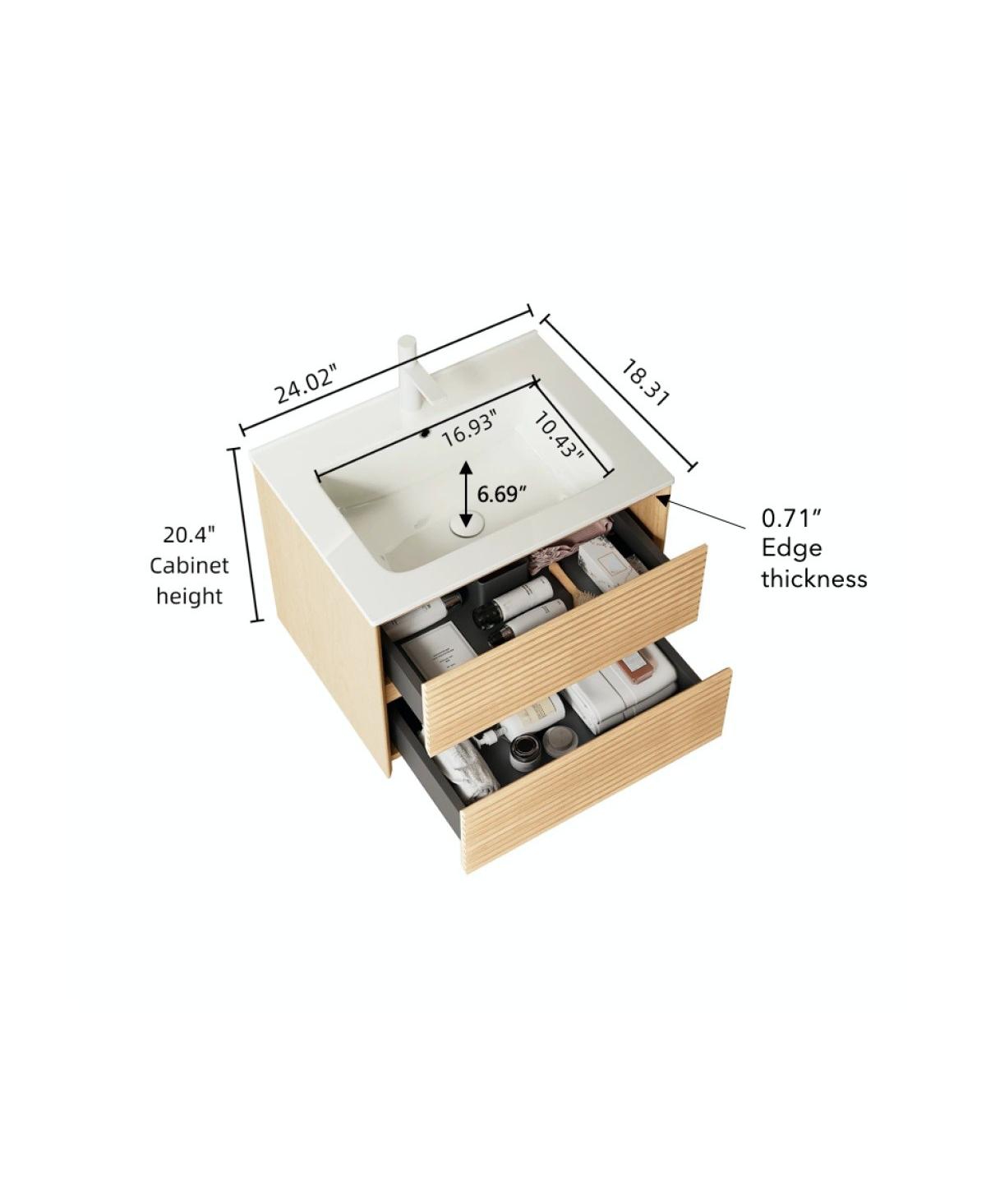 Sillysis 24 Inch Wall-Mounted Bathroom Vanity with Ceramic Sink, 2 Soft Close Drawers