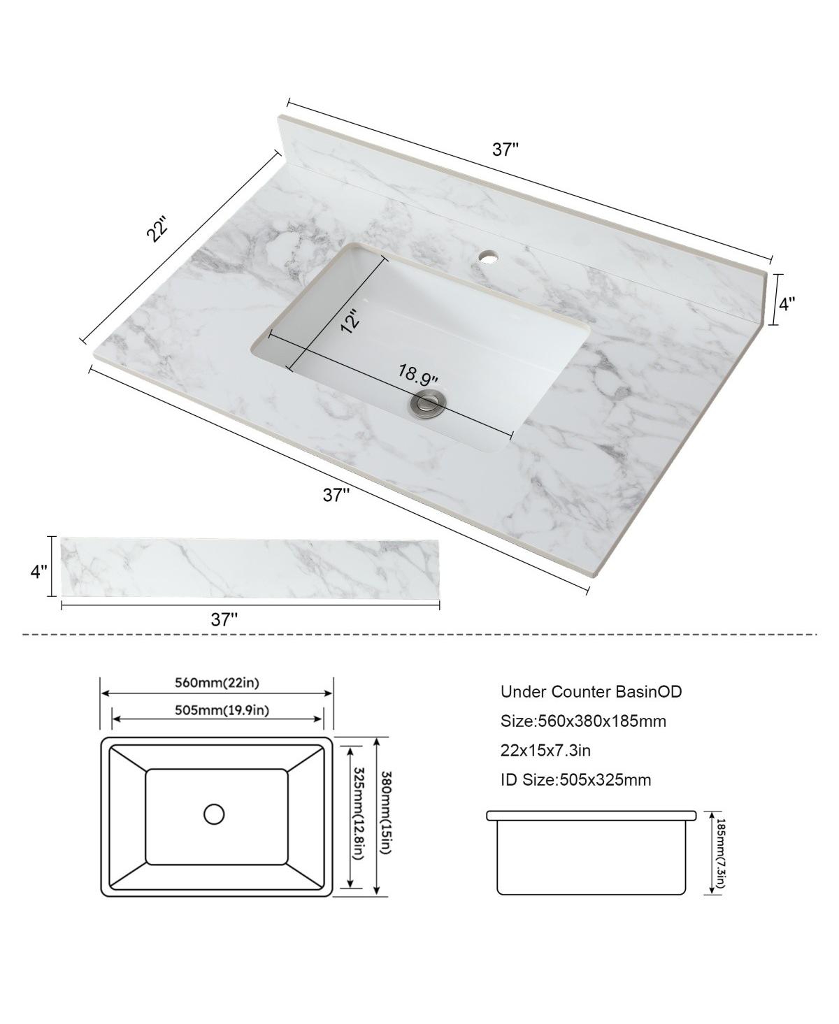 Sillysis 31/37/43 Inch Sintered Stone Bathroom Vanity Top with Rectangular Undermount Sink, 4 Inch Backsplash