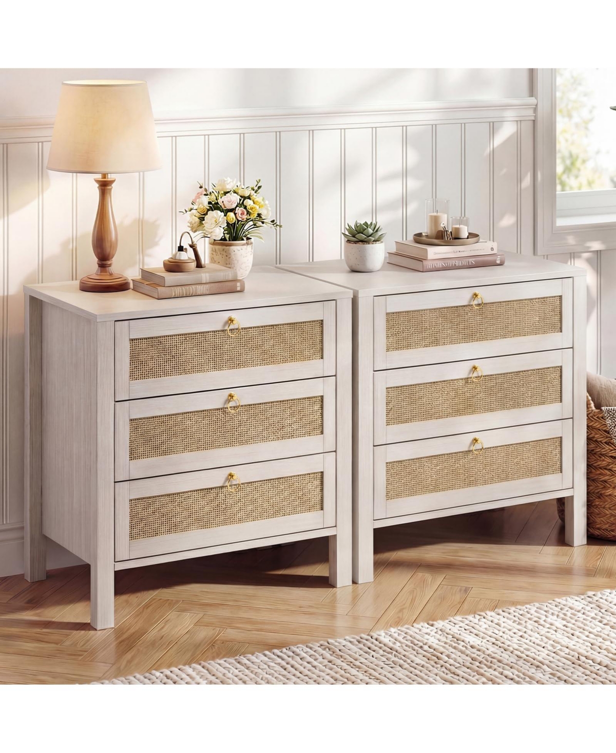 homfan Modern Rattan Bedside Table, Elegant Contemporary Bedside Furniture with Room Storage Space for Bedrooms