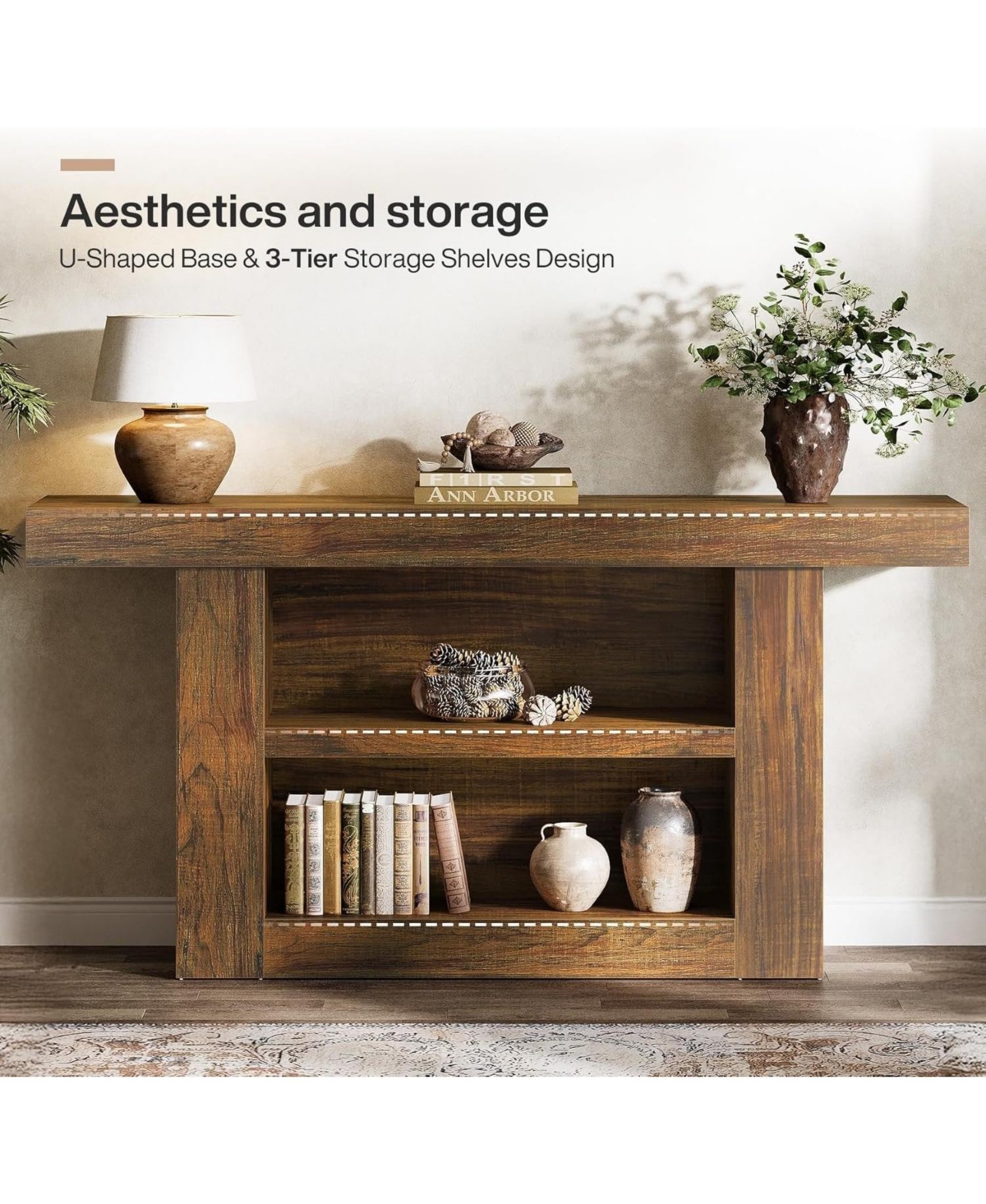 Slickblue 3-Tier Farmhouse Sofa Console Table with U-Shaped Base for Entryway