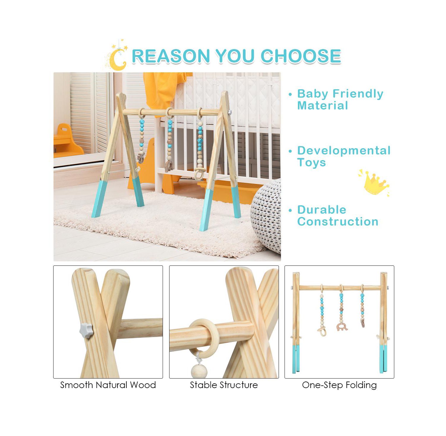 Toddler Wooden Gym with 3 Wooden Teething Toys Hanging Bar