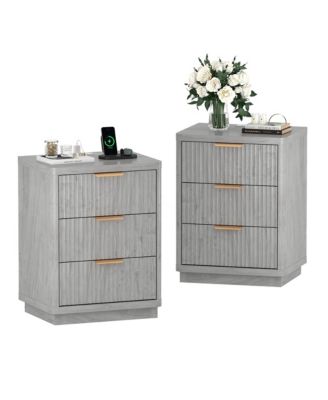 Set of 2 Fluted Nightstands with Charging Station, 3-Drawer Bedside Tables with 2 Outlets and 2 USB Ports, Metal Handles