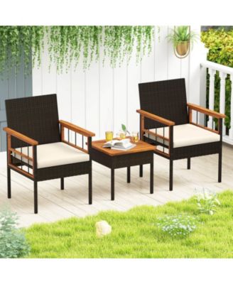3 Pieces Wicker Furniture Set with Acacia Wood Tabletop Armrests Cushions for Backyard