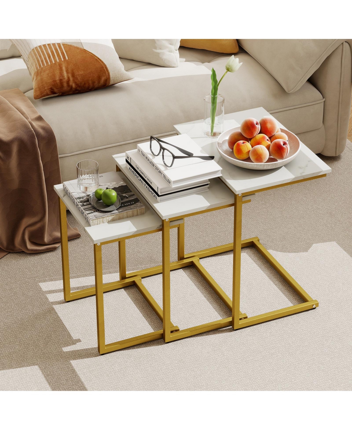 Gymax 3-Piece Nesting Coffee End Table Set Stacking Side Nightstand Living Room