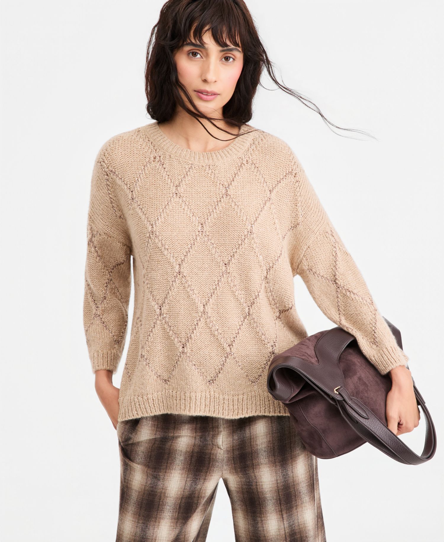 Women's Sequin-Embellished Diamond-Pattern Crewneck Sweater