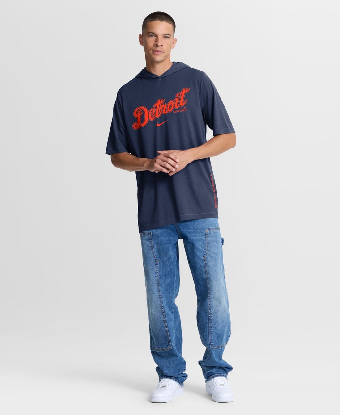 Мужская футболка Nike Navy Detroit Tigers Arched Wordmark Tri-Blend Hooded — фото 2