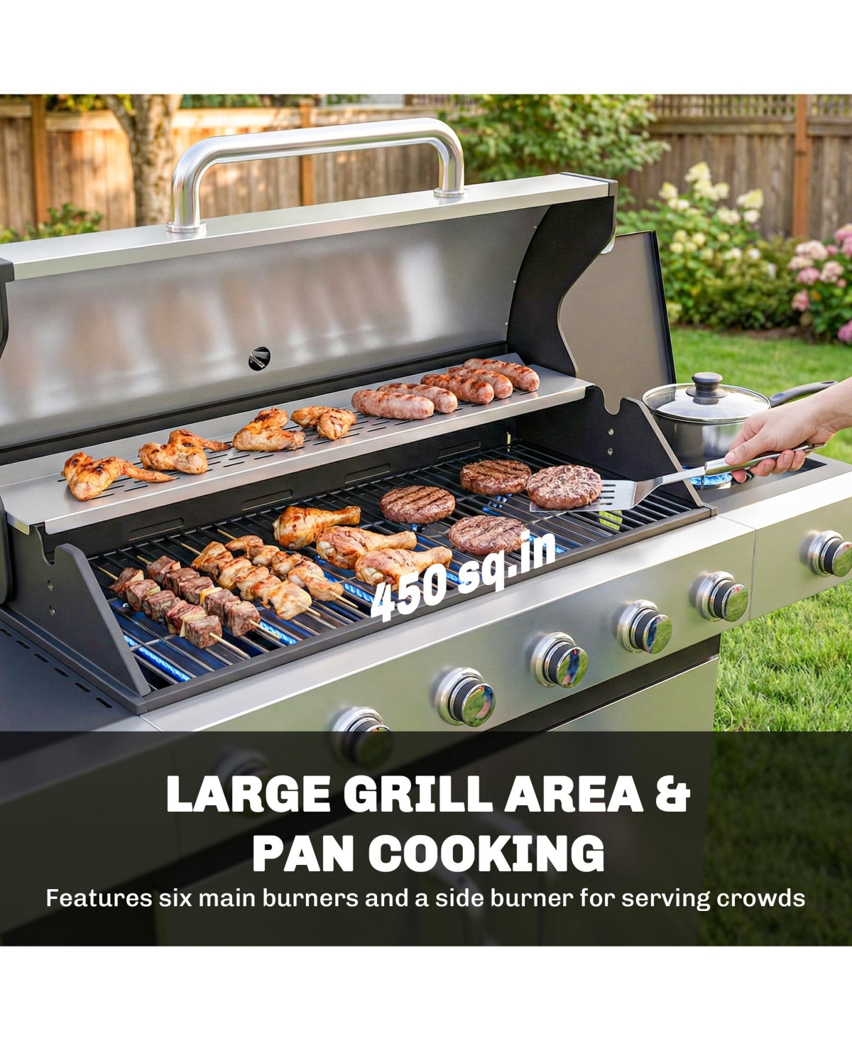 Outsunny 6 Burner Propane Gas Grill, Barbecue Grill with Side Burner