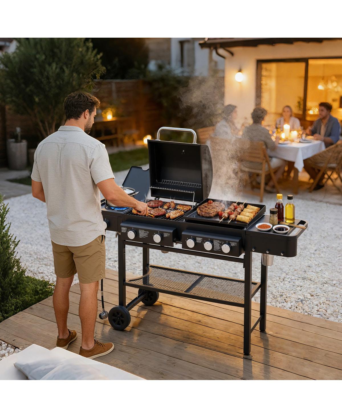 Asagikoiai 5 Burner Propane Gas Grill and Griddle Combo, 56,000 Btu Outdoor Bbq with Side Burner