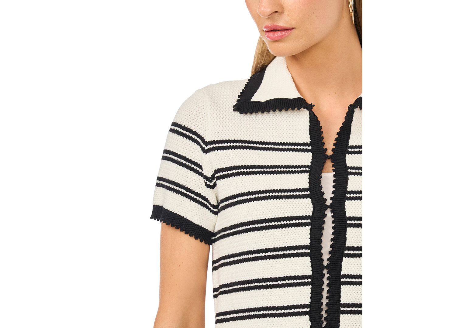 Women's Striped Collared Short-Sleeve Cardigan
