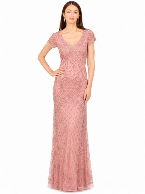 Women's Beaded Cap Sleeve Gown With V-Neckline