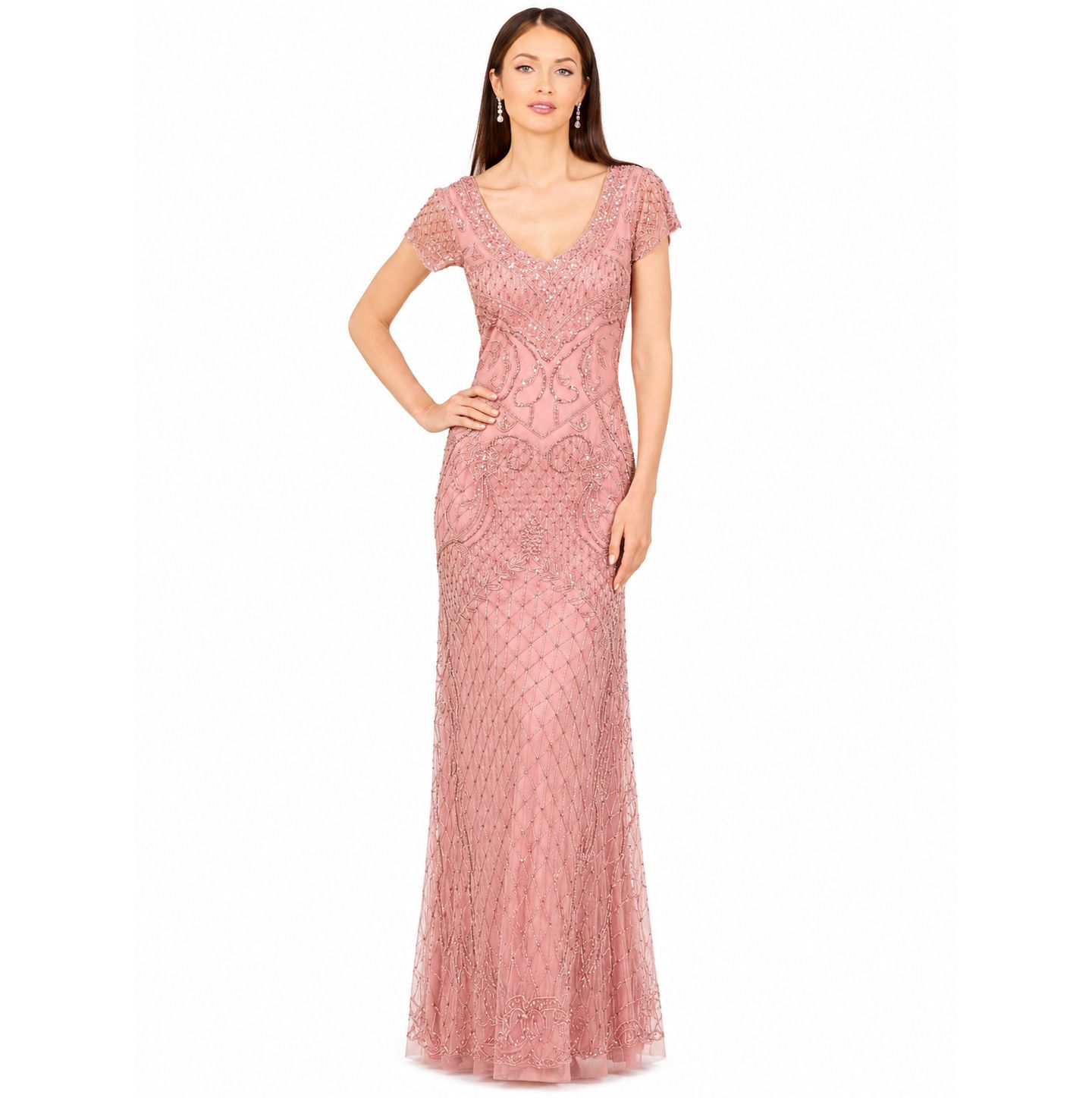 Женская кепка Lara Beaded Cap Sleeve Gown With V-Neckline, цвет: Розовый — фото 1