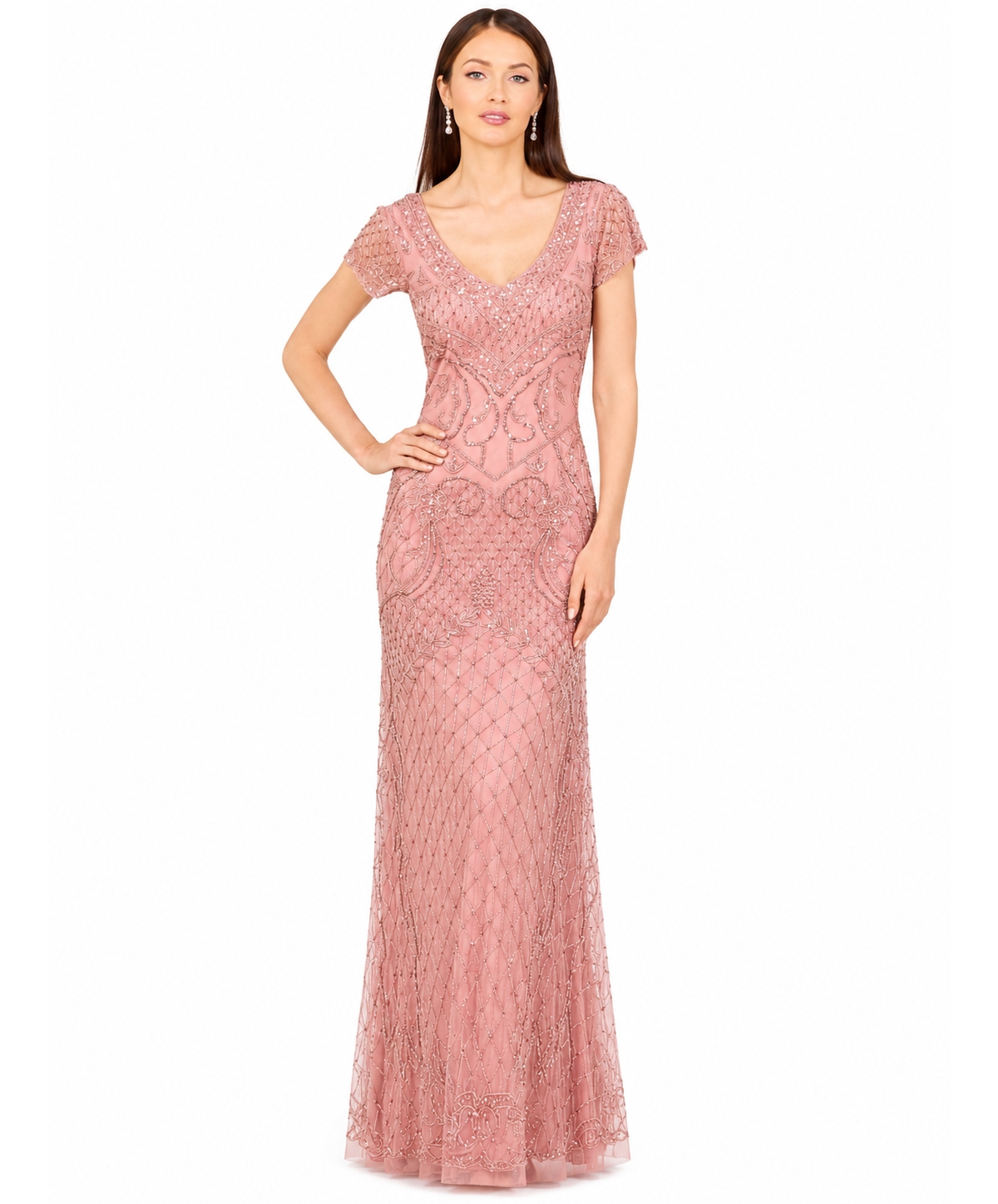 Lara Women's Beaded Cap Sleeve Gown With V-Neckline