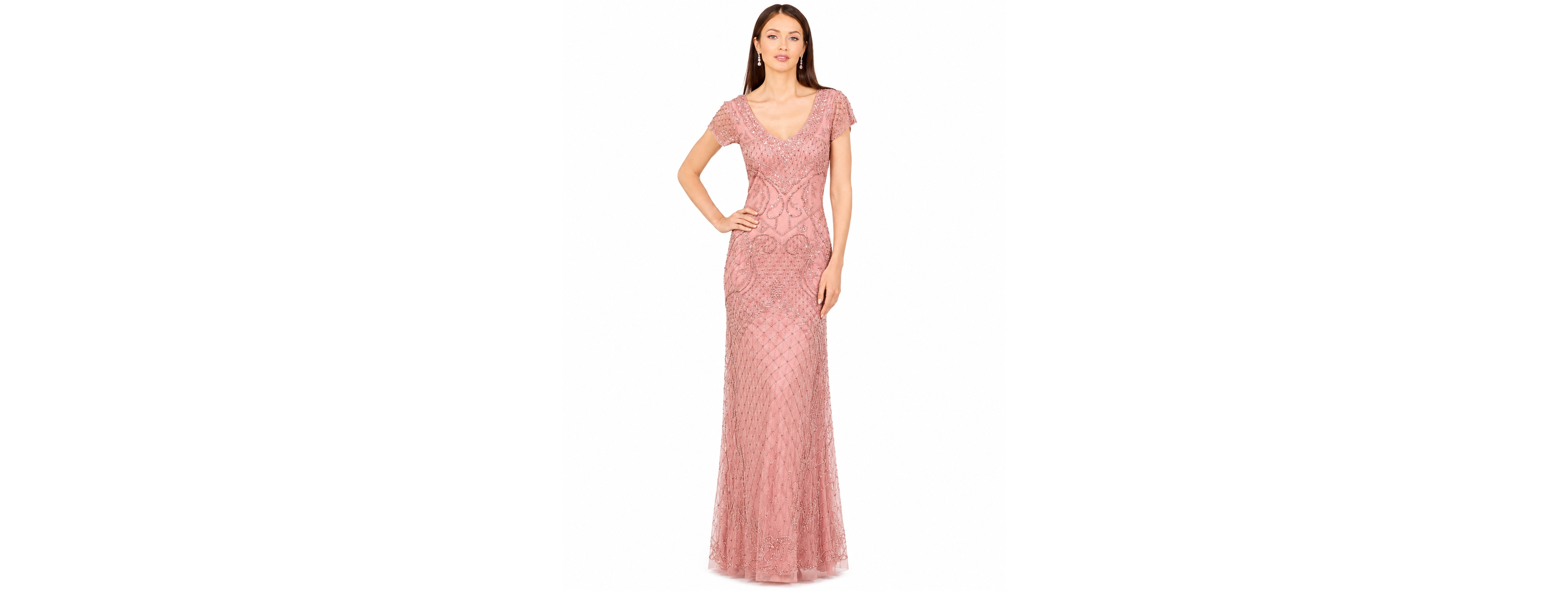 Lara Women's Beaded Cap Sleeve Gown With V-Neckline
