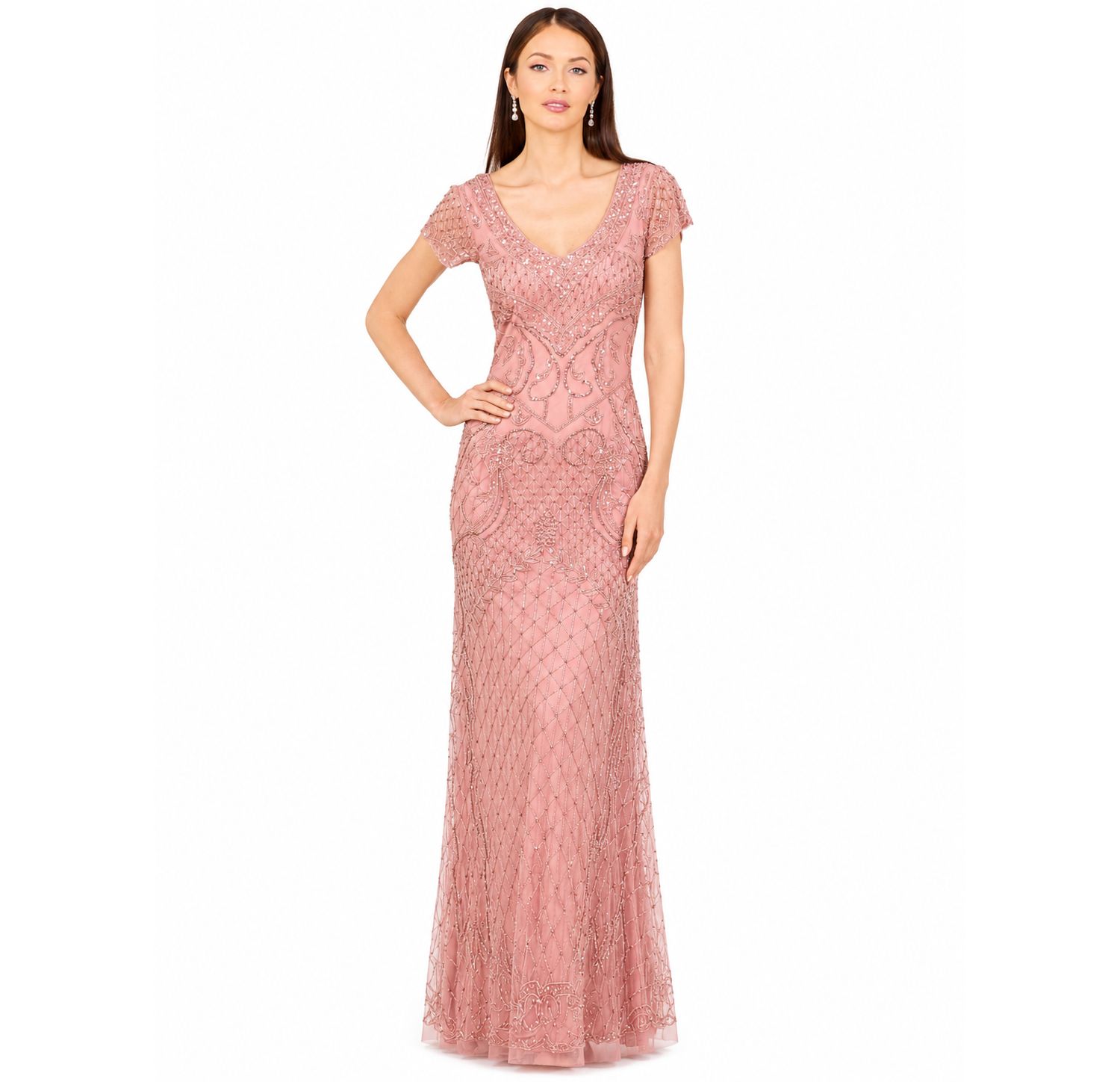 Women's Beaded Cap Sleeve Gown With V-Neckline