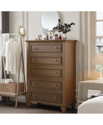 5-Drawer Tall Wooden Dresser with Anti-Tip Device and Metal Handles for Bedroom, Closet, Hallway, or Living Room
